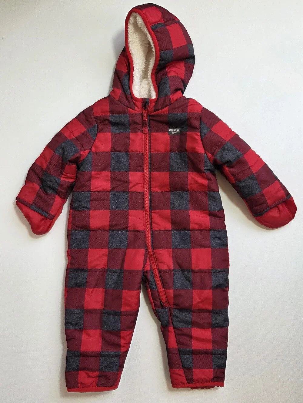OshKosh B'gosh 12M Buffalo Plaid Snowsuit Sherpa Hood Fleece Winter One Piece